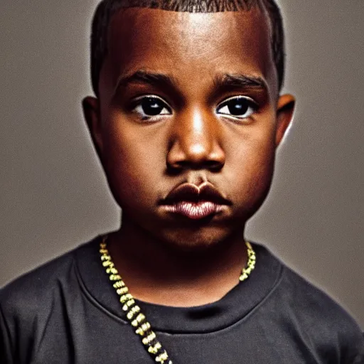 Image similar to the face of young kanye west at 9 years old, portrait by julia cameron, chiaroscuro lighting, shallow depth of field, 8 0 mm, f 1. 8