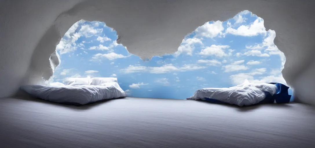 Prompt: a bed made out of clouds and blue sky floating in the sky