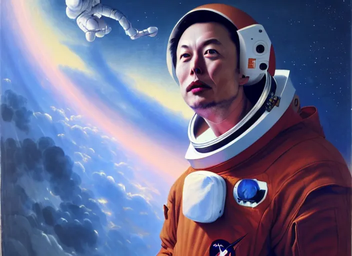 Prompt: renaissance painting of an elon musk astronaut, omoide emanon, tsuruta kenji, murata range, vibrant, karolis strautniekas, james jean, yanjun cheng, kyoto animation