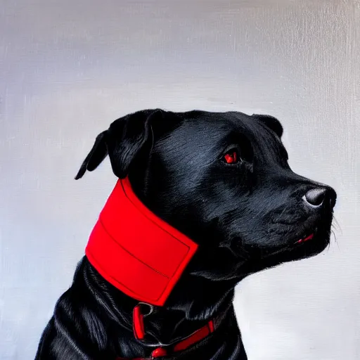 Prompt: painting of a black pitbull lab wearing red collar