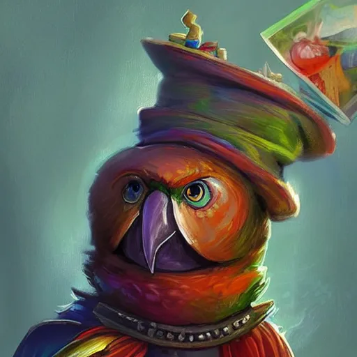 Image similar to Magic the gathering artwork of Anthropomorphized parrot shopkeeper in his fully stocked shop, shelves full, selling a gem, portrait, items, magic potions, carpet, window, fancy funny hat, sly expression , cunning expression, cute expression, presenting magic gem, D&D, fantasy, cinematic lighting, highly detailed, digital painting, artstation, concept art, smooth, sharp focus, illustration, warm light, cozy warm tint, magic the gathering artwork, volumetric lighting, 8k, no gold, no gold colours, art by Akihiko Yoshida and Greg Rutkowski