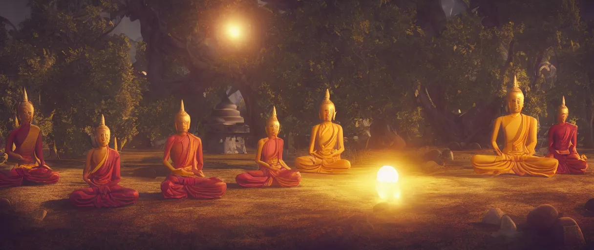 Image similar to ' witches meditating near buddhist stupa, high - tech space cult, dramatic lighting, epic, octane render, volumetric light, unreal engine, artbreeder, 8 k, background, scene, digital, artwork, high quality, 8 k''