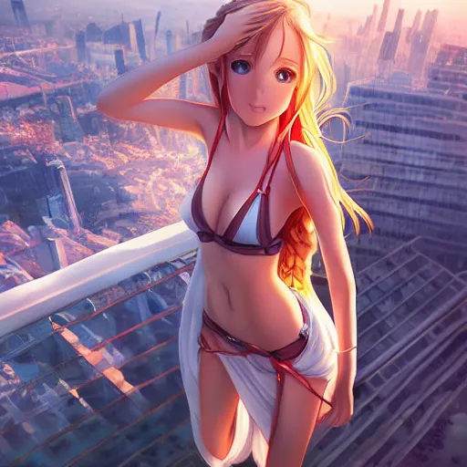 Image similar to seen from above : a giant macro very beautiful young yuuki asuna, full body, long wavy blond hair, sky blue eyes, full round face,, bikini, miniskirt, stepping on a miniature city, cinematic wallpaper by stanley artgerm lau