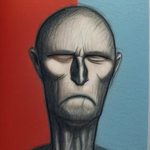 Image similar to colored pencil sketch man with blank eyes, no face, uncanny, unsettling proportions, portrait, man staring, artstation, pencil sketch, shadowy