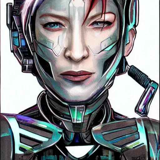 Image similar to cyborg cate blanchett, anime,drawing ,cyberpunk