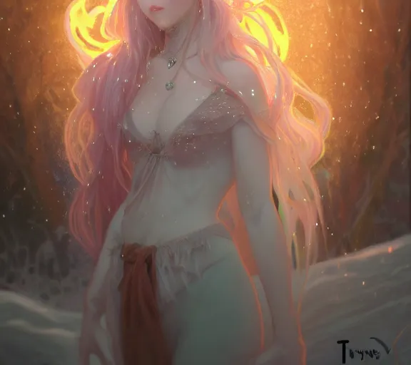 Image similar to beautiful ancient pastel frost witch, fire in eye, snow glow, pool party, highly detailed, digital painting, artstation, sharp focus, illustration, art by tan zi and ayanamikodon and alphonse mucha and wlop