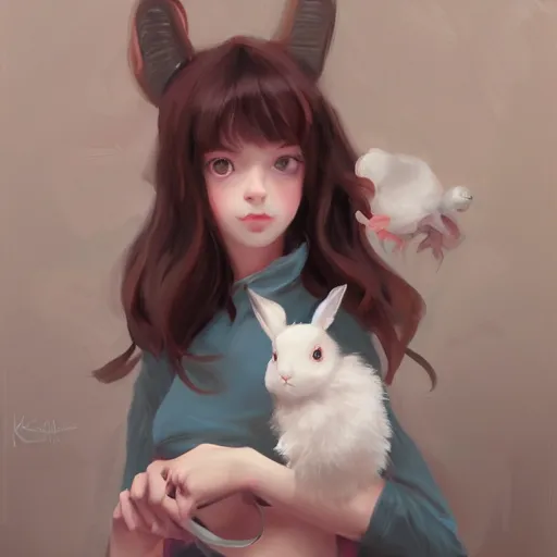 Image similar to portrait of a cute girl holding a white rabbit looking directing at camera, strong brush stroke, very high detailed, symmetrical face, sharp focus, illustration, morandi color scheme, art station, by krenz cushart, h 7 0 4