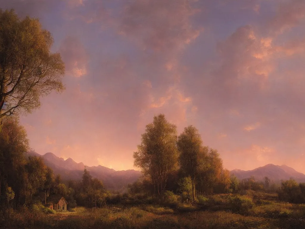 Image similar to a witchhouse with lighted windows in a woodland, mountain in background, evening mood, pink clouds in the sky, by clive madgwick