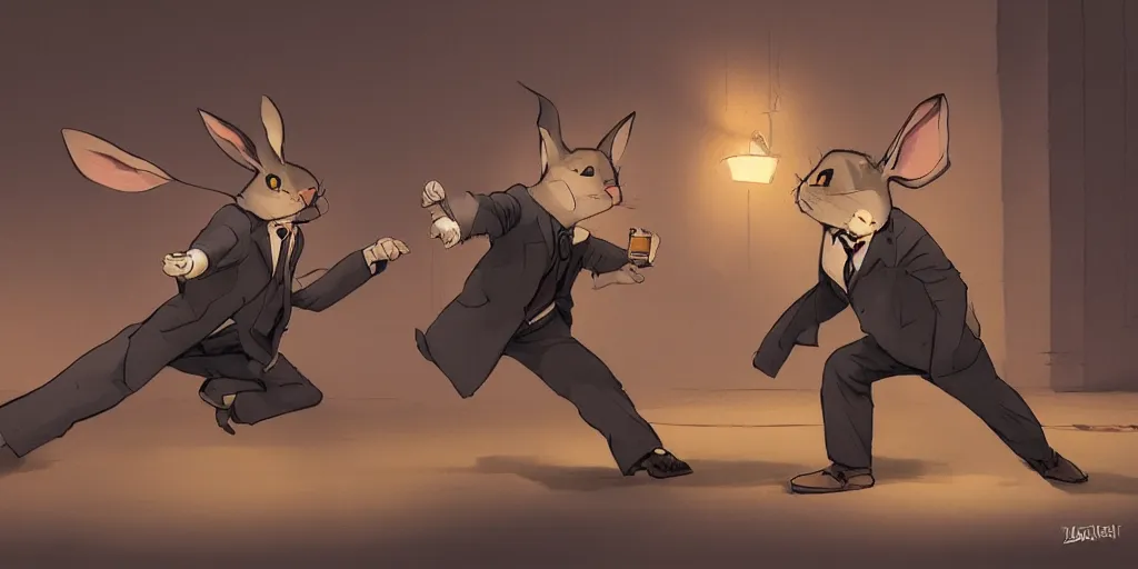 Image similar to two rabbits in suits are fighting, cartoonish, zenith view, warm color palette, night time, dramatic lighting, noir film, fine details, high contrast, blacksad, kim jung gi, greg rutkowski, trending on artstation, 8 k, ultra wide angle