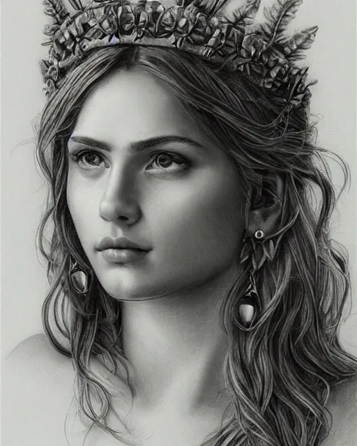 Image similar to pencil drawing of a beautiful greek goddess aphrodite wearing a laurel wreath and arrowhead earrings, beautiful confident and piercing eyes, beautiful flowing hair, hyper realistic face, in the style of greg rutkowski, fantasy, amazing detail, epic, elegant, smooth, sharp focus, from the front