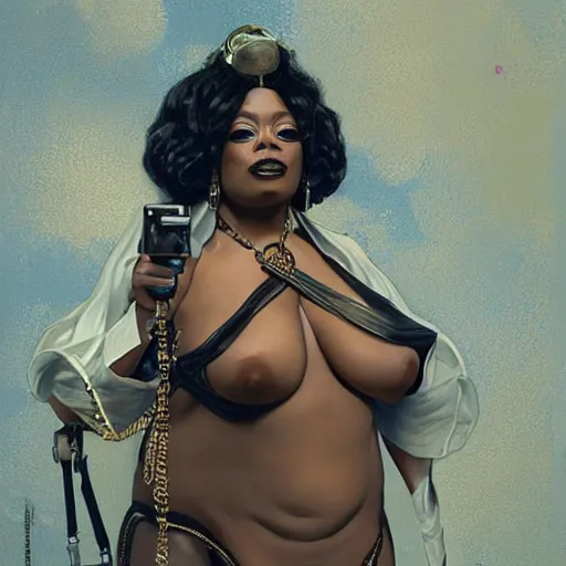 Image similar to cyberpunk fat oprah winfrey head domme mistress, full body, dominatrix, tribal, smooth white tight clothes suit, ornate, very beautiful, concept art, realistic painting, androgynous, afrofuturism, daz 3 d, cinematic, cgsociety, digital art by greg rutkowski, by alphonse mucha,