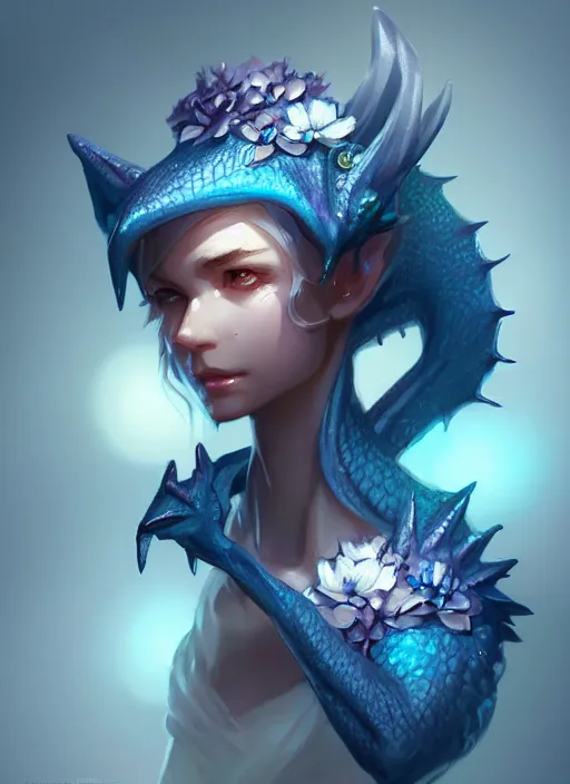 Image similar to cute little dragon,, black gold light blue, flowers diamonds, highly detailed, artgerm, cushart krenz, artstation, soft light, sharp focus, illustration, character design, concept art