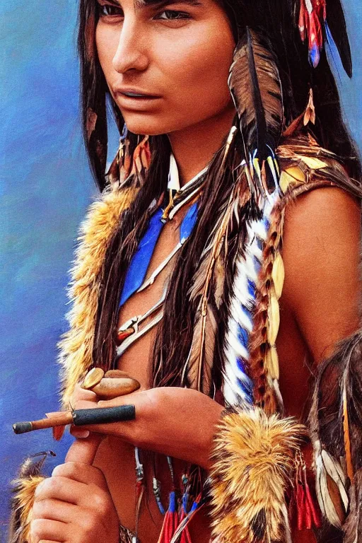 Prompt: photo of a beautiful native american indian woman, emily ratajkowski smoking a pipe of peace, portrait, skilled warrior of the apache, ancient, realistic, detailed