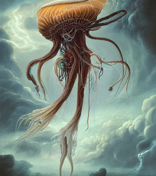 Prompt: an anatomical oil painting of a Jellyfish Harpy from a medical journal by Peter Mohrbacher and Nychos, highly detailed, high detail, 8k, storm clouds, birds, dramatic lighting