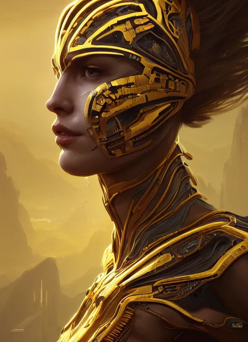 Image similar to symmetry!! portrait of gold alien in the style of horizon zero dawn, machine face, intricate, elegant, highly detailed, digital painting, artstation, concept art, smooth, sharp focus, illustration, art by artgerm and greg rutkowski and alphonse mucha, 8 k