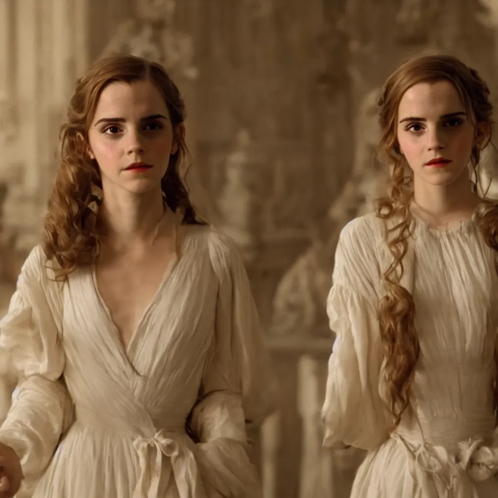 Prompt: closeup Emma Watson long hair flowing robes baroque room cinematic lighting stanley kubrick barry lyndon 4k