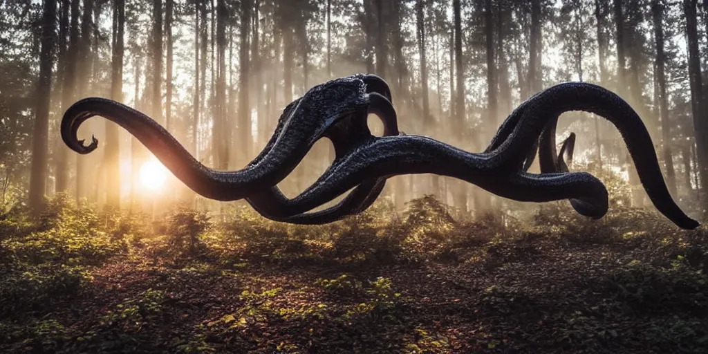 Image similar to a highly detailed giant black octopus god floating in the middle of a forest, beautiful ambient light, sun rays hitting the slightly transparent creature, golden hour, 8k photography