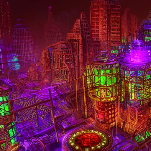 Prompt: a glossy claymodel of a steampunk aztec futuristic city, a city made of wires and multicolored glowing tubes, multicolored led screen, 8 k, front shot, symetrical, flourescent colors, halluzinogenic, multicolored, insanely detailed, 3 d render, octane