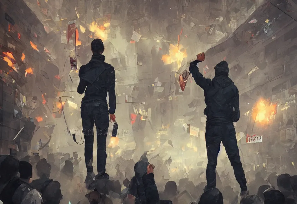 Image similar to angry protester holding placard, detailed digital illustration by greg rutkowski, medium shot, android netrunner