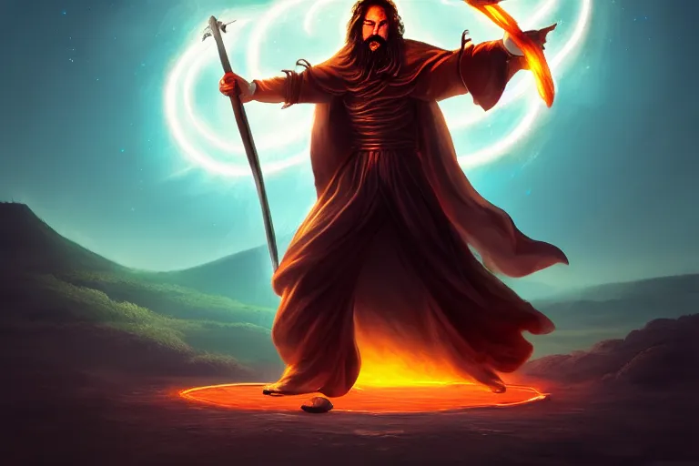 Image similar to levitating wizard wielding a sword, opening a shining portal, night sky, horizon of an erupting volcano, trending on artstation