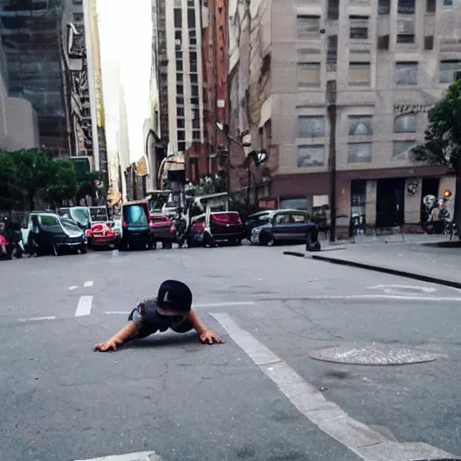 Prompt: a potato man in the middle of the city breakdancing