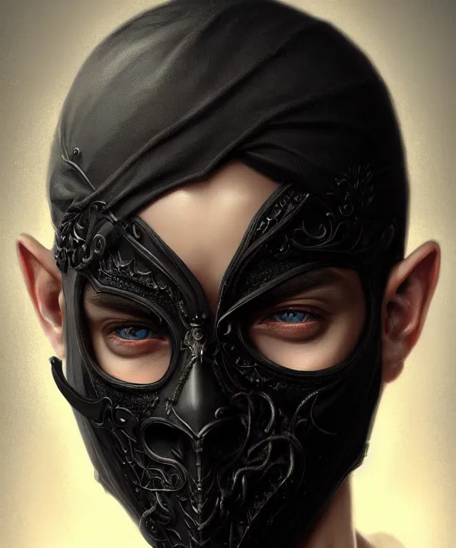 Image similar to european young man wearing black mask, beautiful face, highly detailed face!!!, true anatomy!, extremely detailed!, digital painting, unreal engine 5, art by tom bagshaw