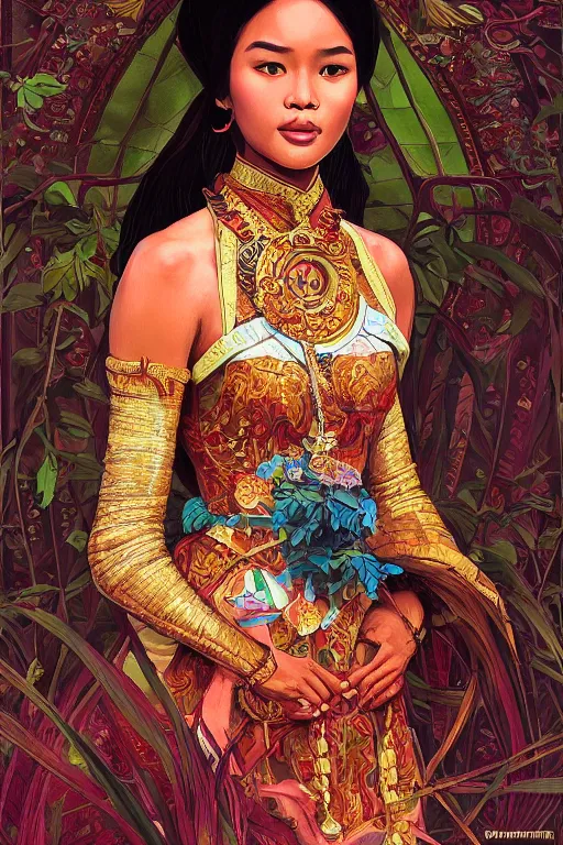 Image similar to portrait of an indonesian supermodels wearing traditional costume, highly detailed, digital painting, artstation, concept art, sharp focus, illustration, art by kittichai rueangchaichan and james gurney and alphonse mucha