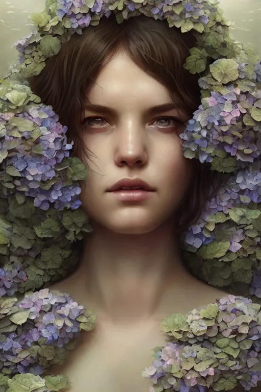 Prompt: a goddess of hydrangeas!! standing in a windy murky underwater garden! with a beautiful symmetrical face!!! cinematic lightning, murky dusty deep, smoky eyes, isolated, studio lighting by artgerm yuri shwedoff and tom bagshaw