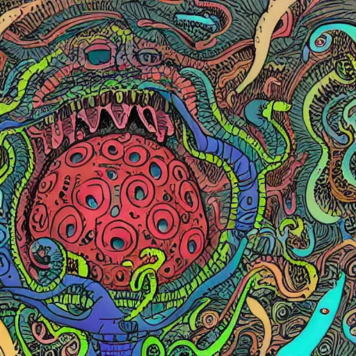 Image similar to impossibly detailed & intricate illustration of the azathoth devouring the earth, colored, by jon burgerman, super refined, 8 k, detailed line work