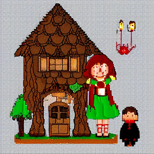 Image similar to Hansel and Gretel meet the witch at the gingerbread house, pixel art, artstation