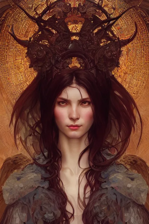 Image similar to portrait of an angelic demon, gates of hell and heaven, godlike, full body, fantasy, intricate, elegant, highly detailed, digital painting, artstation, concept art, sharp focus, illustration, art by artgerm and greg rutkowski and alphonse mucha and ross tran