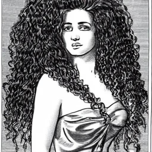 Prompt: a black and white drawing of a woman with long curly hair using a dress