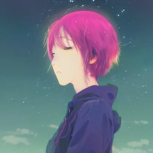 Image similar to a super detailed moe protagonist girl with pink hair in a field by inio asano, beeple and james jean, aya takano color style, 4 k, super detailed, night sky, digital art, digital painting, celestial, majestic, colorful