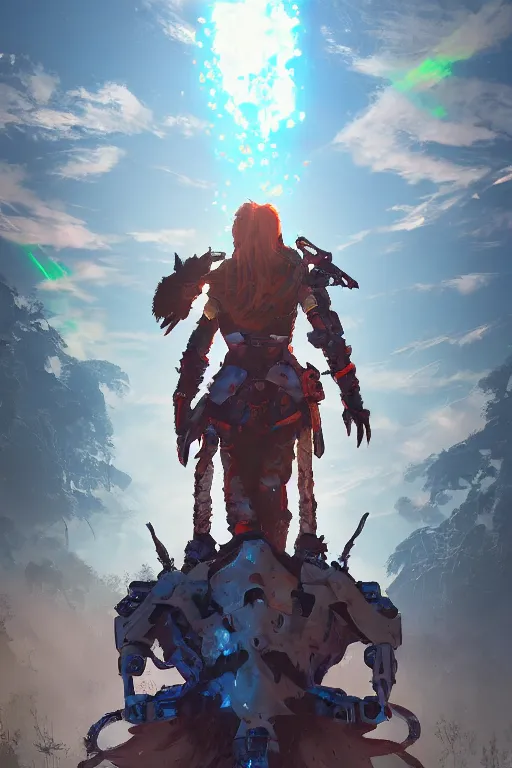 Image similar to combination suit armor aloy horizon forbidden west horizon zero dawn radiating a glowing aura global illumination ray tracing hdr fanart arstation by ian pesty and alena aenami artworks in 4 k tribal robot ninja mask helmet backpack