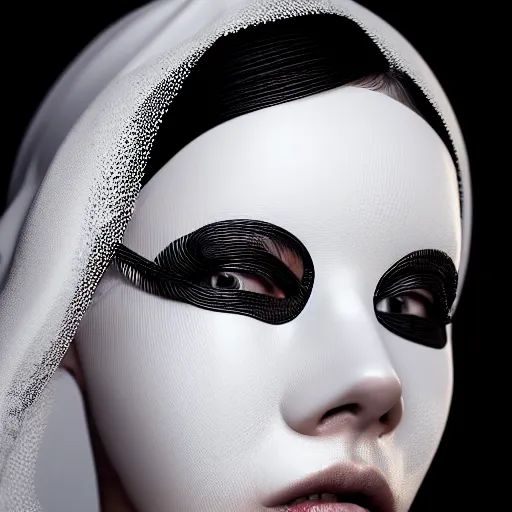 Image similar to ultra detailed woman wearing a white mask with black wires on her head, featured on behance, net art, made of wire, 5 0 mm lens, elegant, hyper realistic, ultra detailed, octane render, volumetric lighting, 8 k post - production