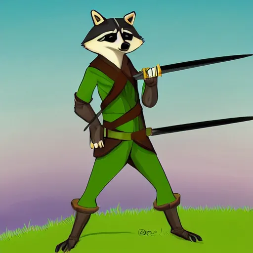 Prompt: digital art of a raccoon in a green rouge outfit duel wielding daggers