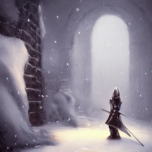 Prompt: paladin knight in a snow storm in front of a castle, Mandy Jurgens