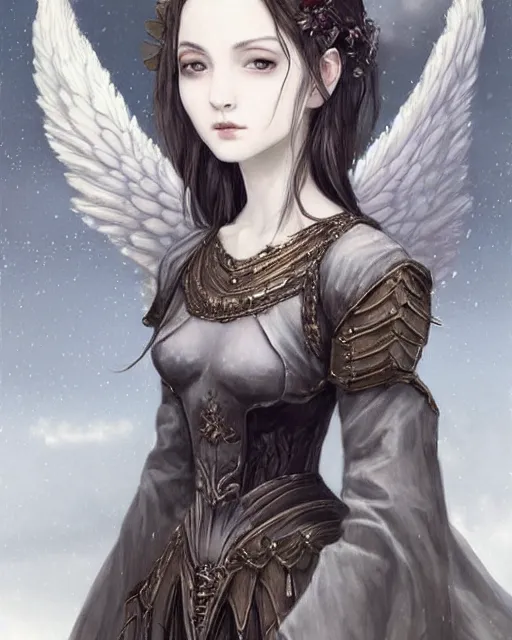 Image similar to an infinitely detailed portrait of a frail and pale female peace angel elegantly. fully - clothed full - body, beautiful! scenery art!! coherent! by wlop & murata range, victorian armor trim, cold color palette, artstation / pixiv!! elegantly armored angel portrait full - body, dreamy art