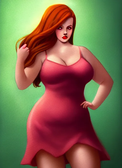 Image similar to full body portrait of teenage cheryl blossom, obese, bangs, green eyes, sultry, realistic, red hair, sultry smirk, wavy hair, pink skirt, fat, intricate, elegant, glowing lights, highly detailed, digital painting, artstation, concept art, smooth, sharp focus, illustration, art by wlop, mars ravelo and greg rutkowski