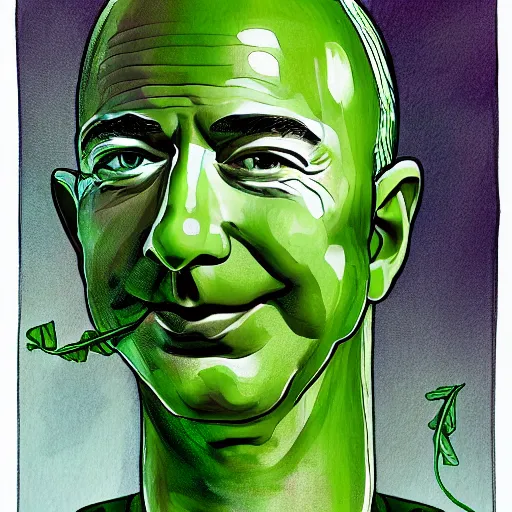 Prompt: jeff bezos is the cucumber king, colored ink, moebius illustration art, key art