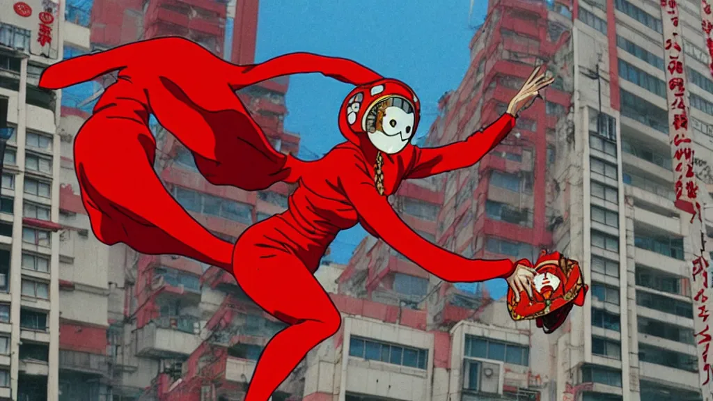 Image similar to a woman in a red dress wearing a red lobster mask falling from a building in Tokyo , film still from the an anime directed by Katsuhiro Otomo with art direction by Salvador Dalí, wide lens