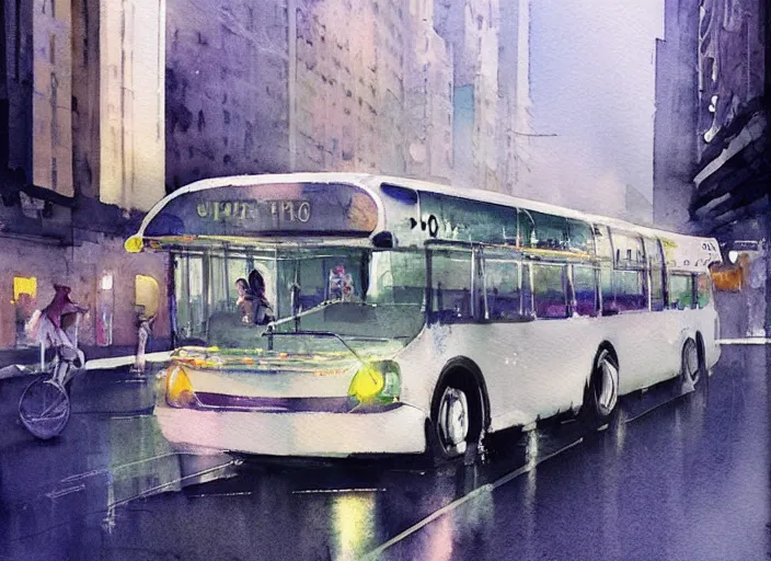 Image similar to concept art of a urban bus, pinterest, artstation trending, behance, watercolor, by coby whitmore, silver, laser light,