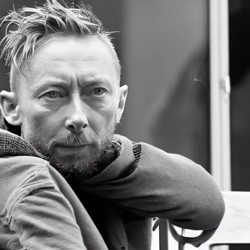 Prompt: thom yorke sitting on a bench on a street corner in front of an open window smoking a cigarette