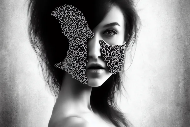 Image similar to portrait of a young beautiful woman with a mask. contemporary photograph, speed painting, fractal, mandelbulb. trending on artstation. black and white.