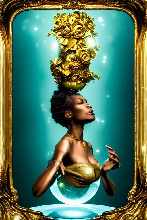 Prompt: hyperrealistic neo - rococo cinematic super expressive! oshun goddess with gold eyes, droplet armor, looking at herself in a liquid mirror, gold flowers, highly detailed digital art masterpiece, smooth etienne sandorfi eric zener dramatic pearlescent soft teal light, ground angle uhd 8 k, sharp focus