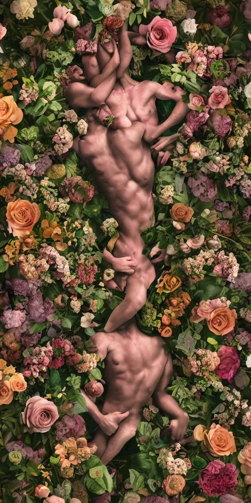 Prompt: human bodies intertwined, a lovely cornucopia of flowers and human body parts, body parts, highly detailed, octane render, cinematic