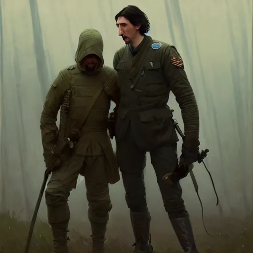 Prompt: portrait of adam driver helping a wounded john oliver, standing together, stoic, full body, military uniform, battle, war, cinematic lighting by darek zabrocki and greg ruthkowski, alphonse mucha, simon stalenhag and cinematic and blue cold atmospheric, concept art, artstation, trending on artstation - w 8 3 2