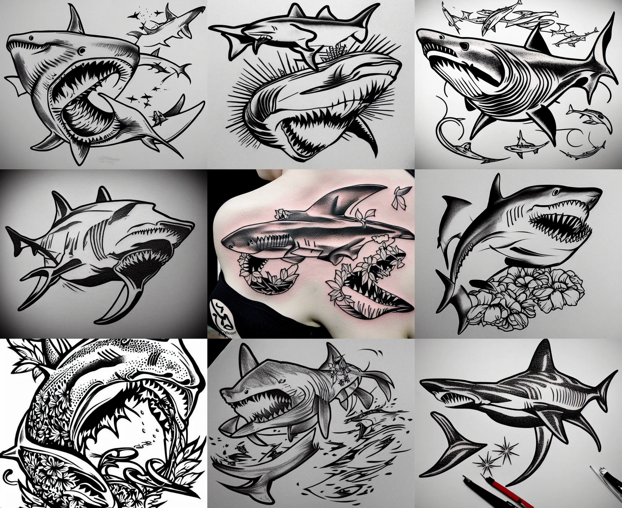 Image similar to detailed amazing tattoo stencil of a floral shark hunting