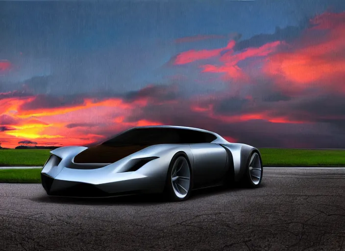 Image similar to cinematic fast futuristic sportscar in a lush field, shiny, oil on canvas, beautiful lighting, photorealistic, sharp, sunset, by scott robertson