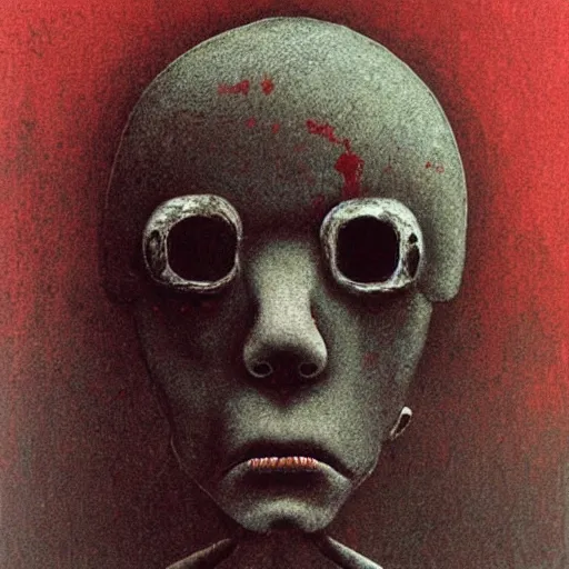 Prompt: creepy sad face made of ash and smoke, red ornaments, beksinski